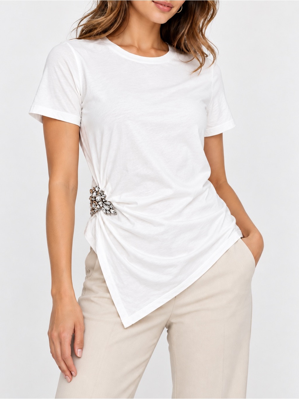 Express White Rhinestone Embellished Asymmetrical Ruched Tee Top XS